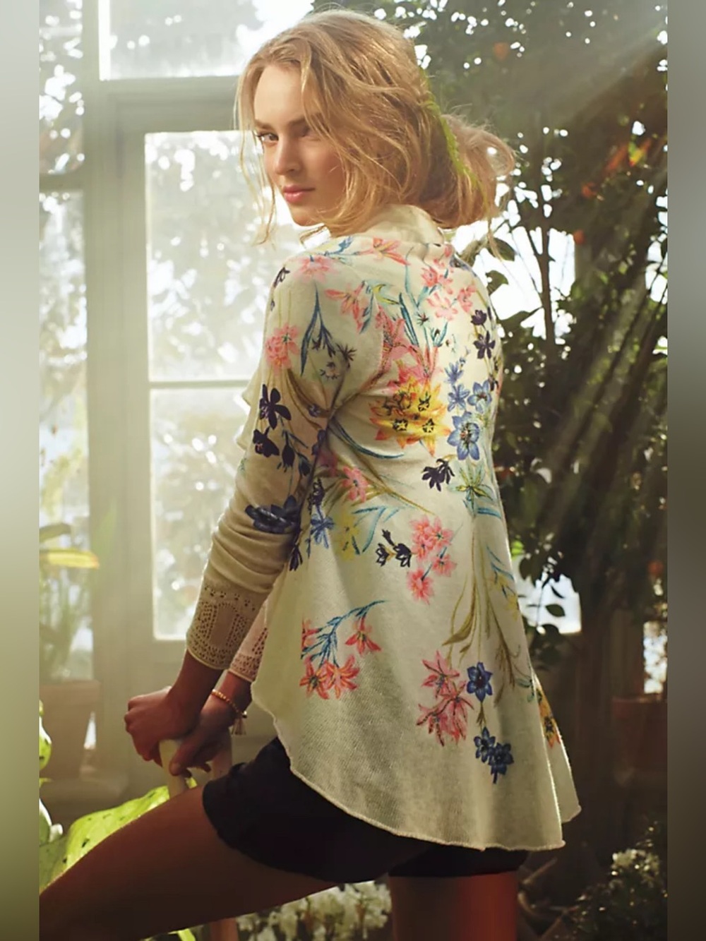 Anthropologie Knitted & Knotted Fleur Des Champs Cardigan open ivory floral
